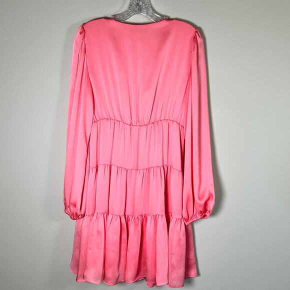 Trina Turk Women's Make Merry Tiered Mini Dress Medium Flamingo Pink Long Sleeve - Picture 5 of 16
